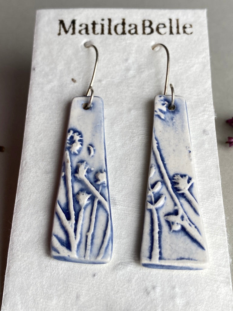 Ceramic Botanical Dangle Earrings - Navy Blue Glaze - Handmade Recycled Silver Wires