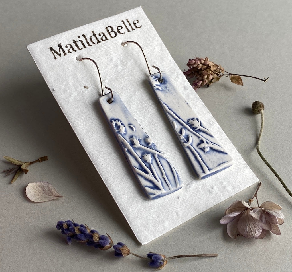 Ceramic Botanical Dangle Earrings - Navy Blue Glaze - Handmade Recycled Silver Wires
