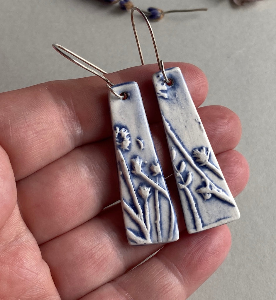 Ceramic Botanical Dangle Earrings - Navy Blue Glaze - Handmade Recycled Silver Wires