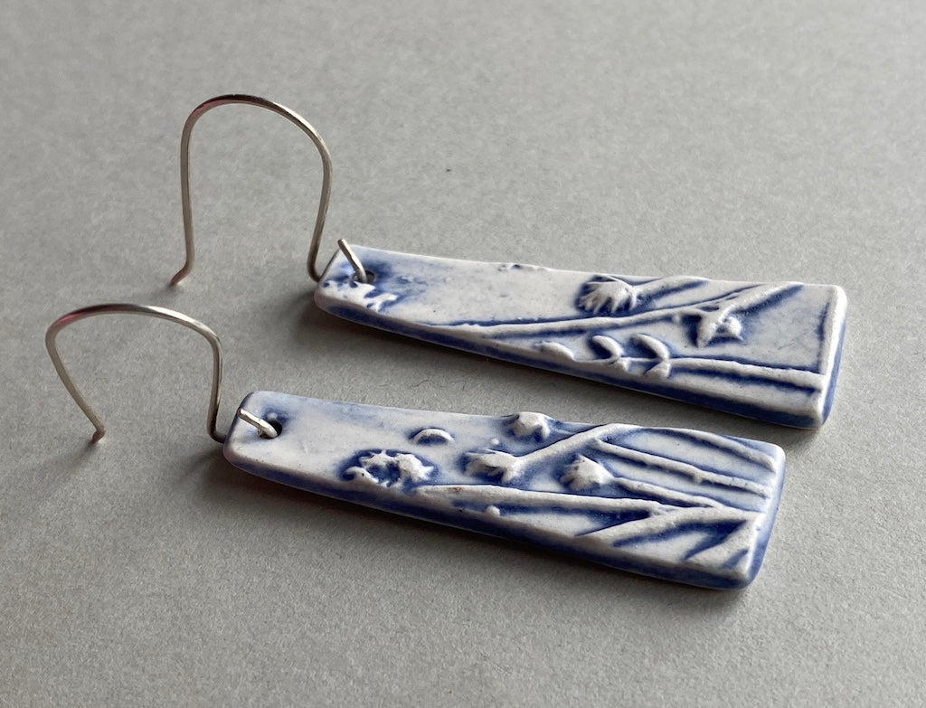 Ceramic Botanical Dangle Earrings - Navy Blue Glaze - Handmade Recycled Silver Wires