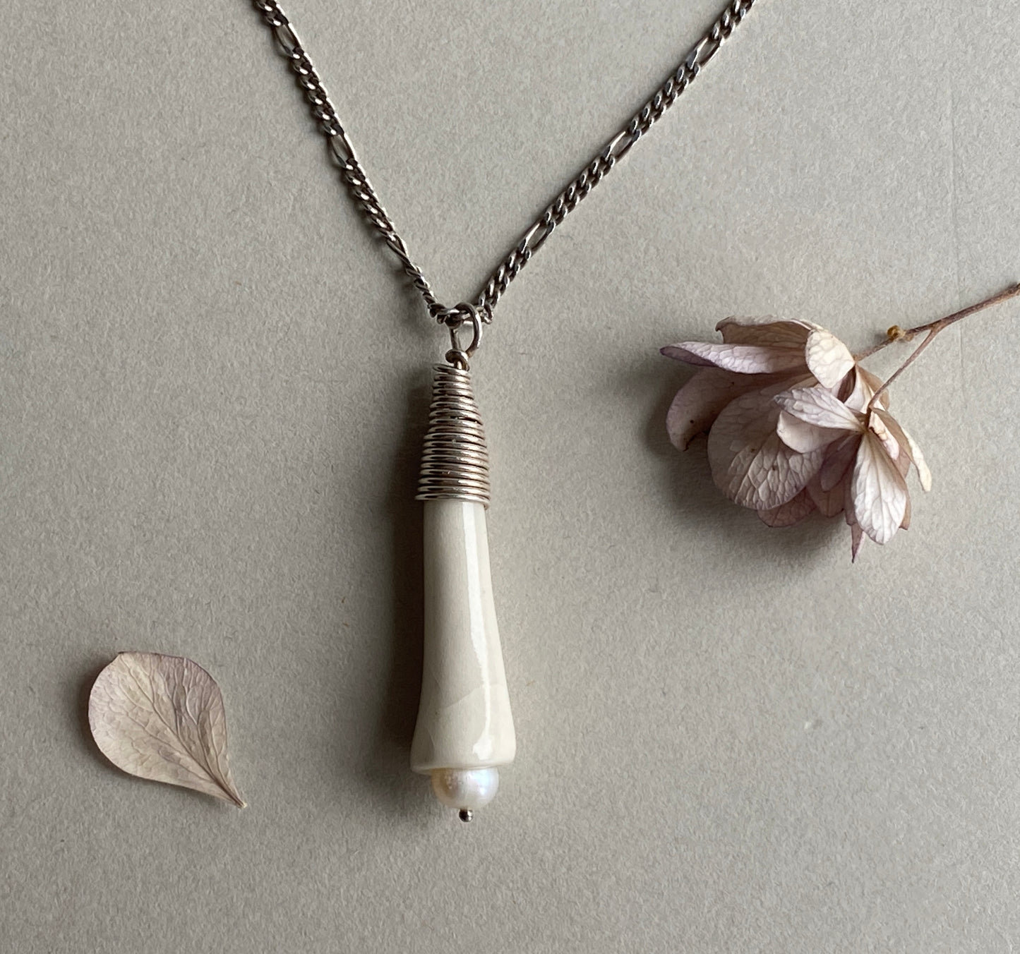 Handmade Porcelain Pendant Necklace with Blush white Pearl - Sterling Silver Wire