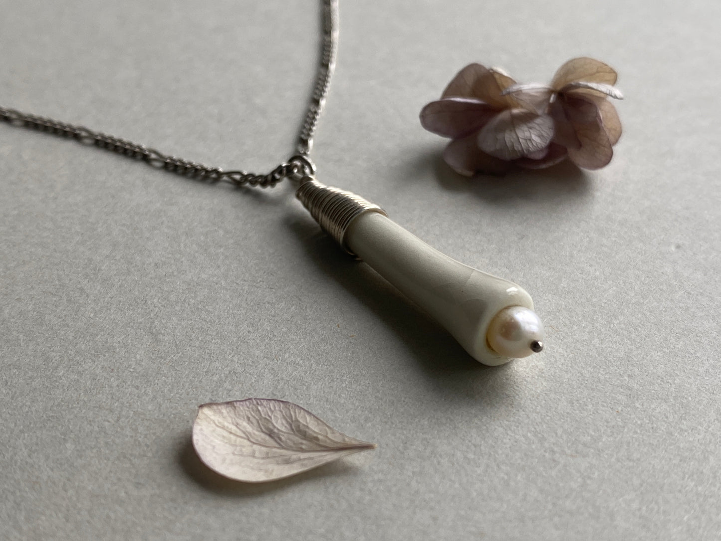 Handmade Porcelain Pendant Necklace with Blush white Pearl - Sterling Silver Wire