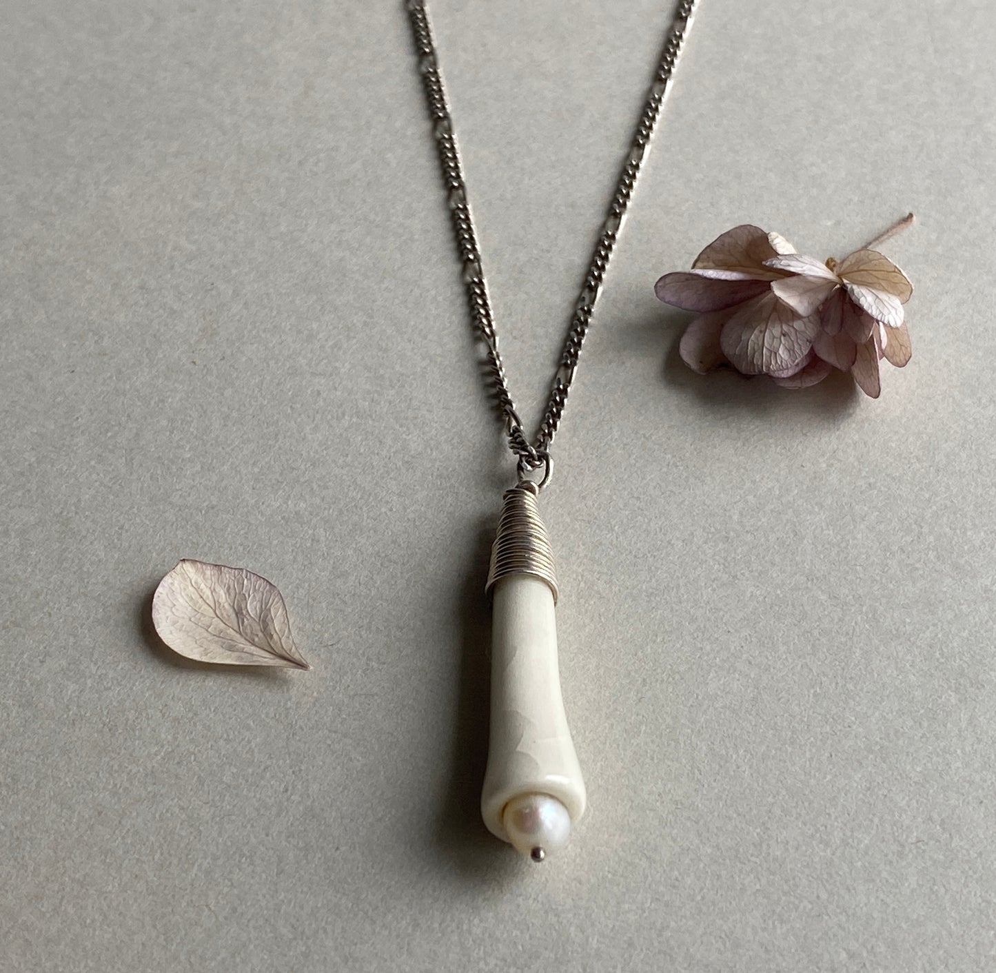 Handmade Porcelain Pendant Necklace with Blush white Pearl - Sterling Silver Wire