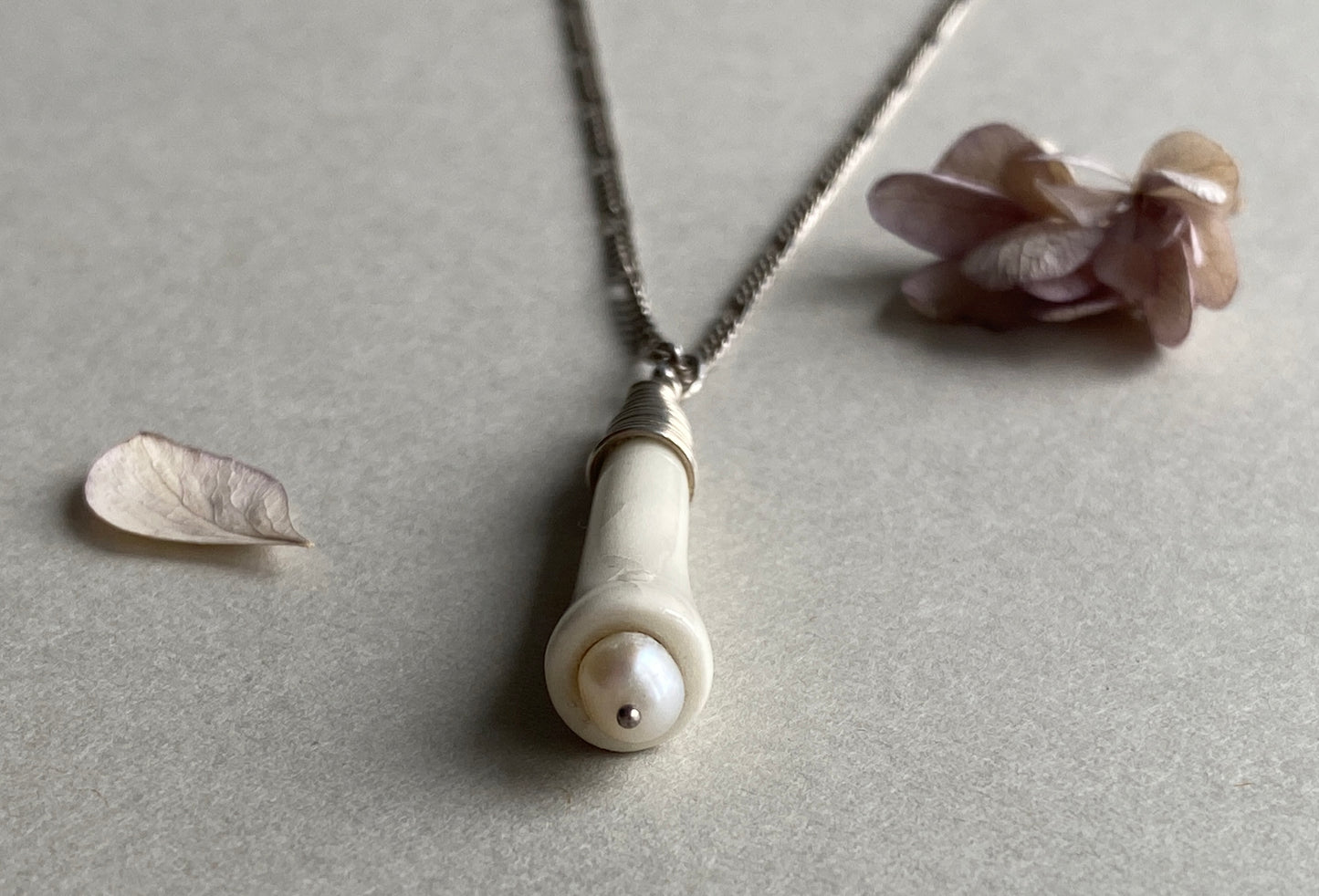 Handmade Porcelain Pendant Necklace with Blush white Pearl - Sterling Silver Wire