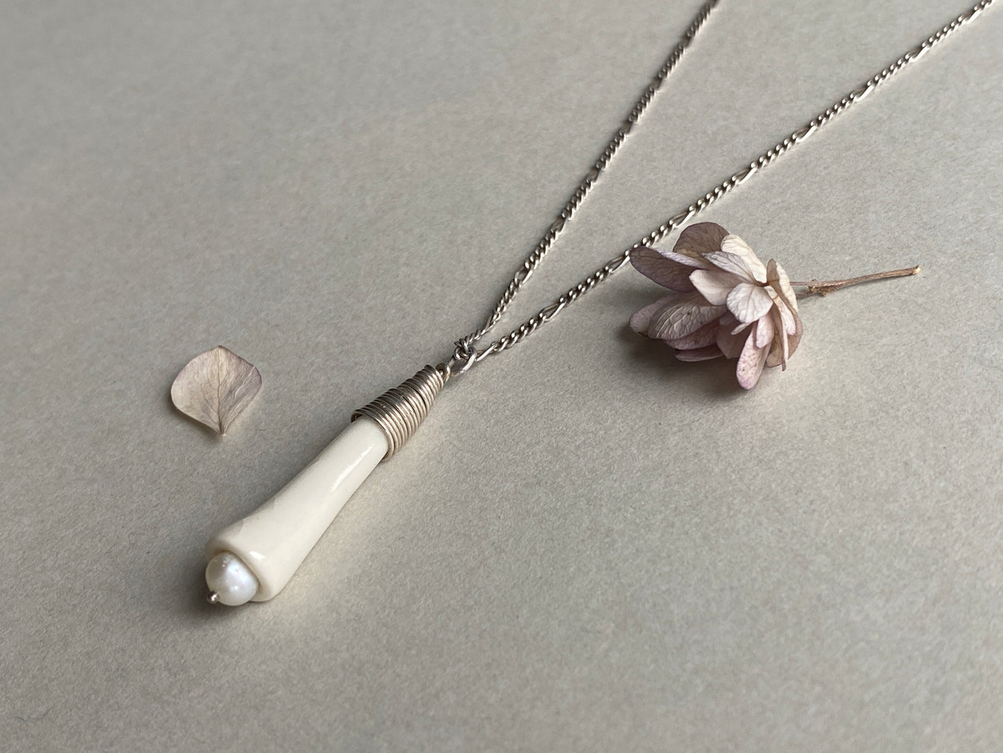 Handmade Porcelain Pendant Necklace with Blush white Pearl - Sterling Silver Wire