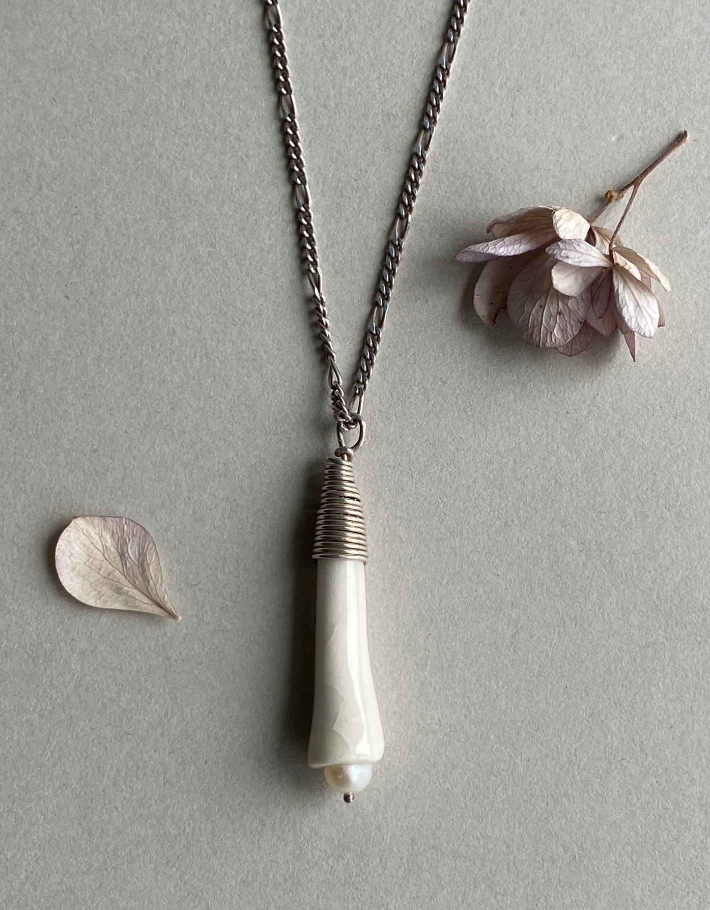 Handmade Porcelain Pendant Necklace with Blush white Pearl - Sterling Silver Wire