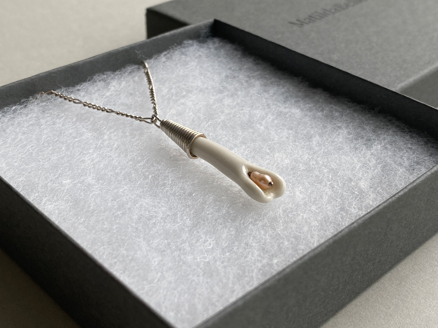 Handmade Porcelain Pendant Necklace with Blush Pink Pearl - Sterling Silver Wire Wrap