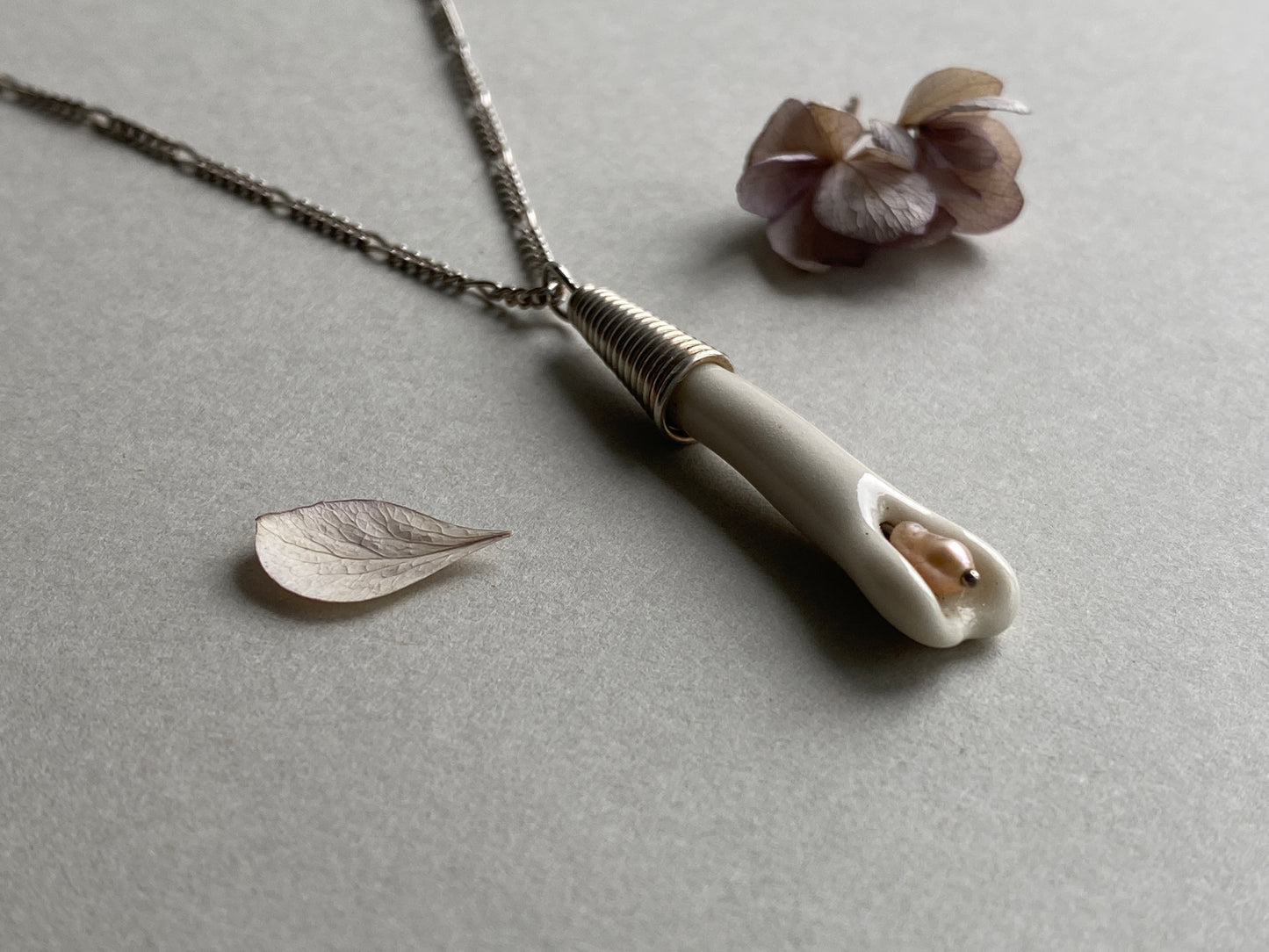 Handmade Porcelain Pendant Necklace with Blush Pink Pearl - Sterling Silver Wire Wrap