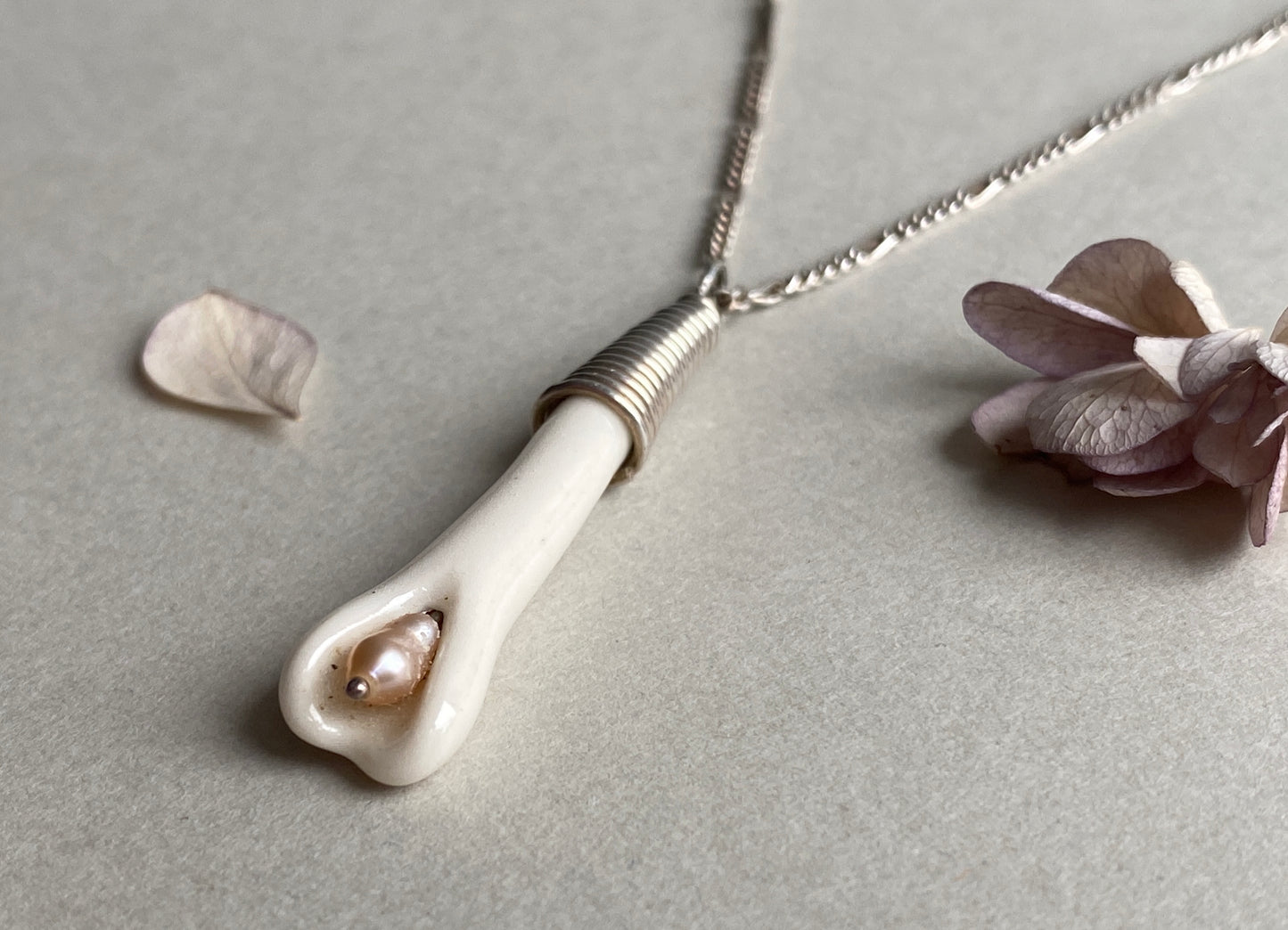 Handmade Porcelain Pendant Necklace with Blush Pink Pearl - Sterling Silver Wire Wrap