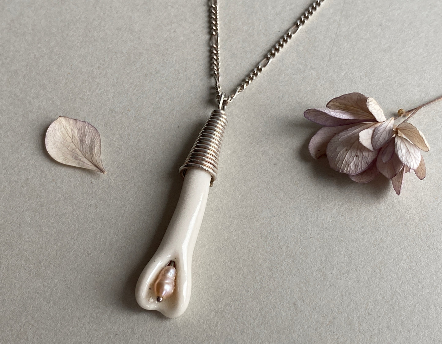 Handmade Porcelain Pendant Necklace with Blush Pink Pearl - Sterling Silver Wire Wrap