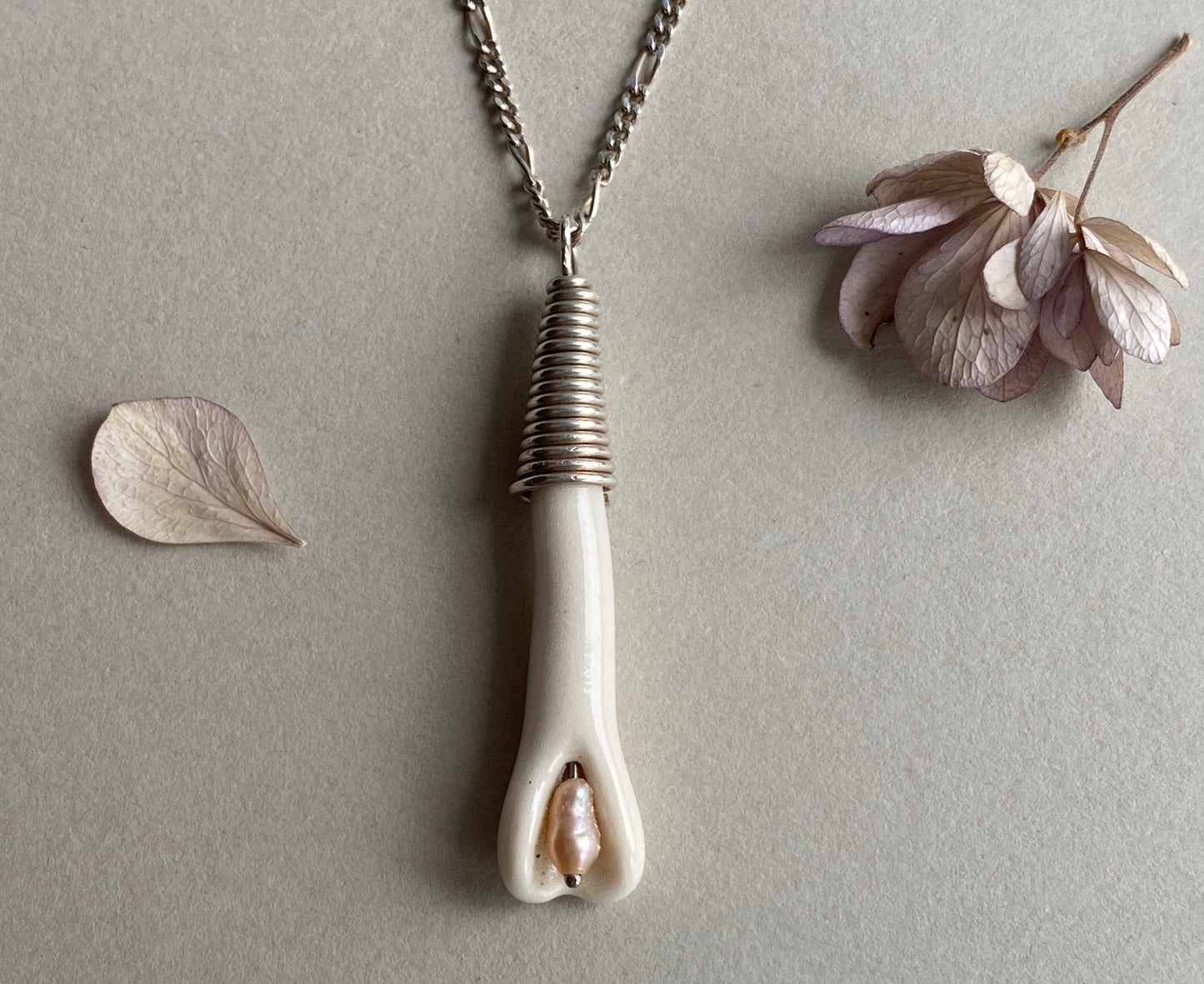 Handmade Porcelain Pendant Necklace with Blush Pink Pearl - Sterling Silver Wire Wrap