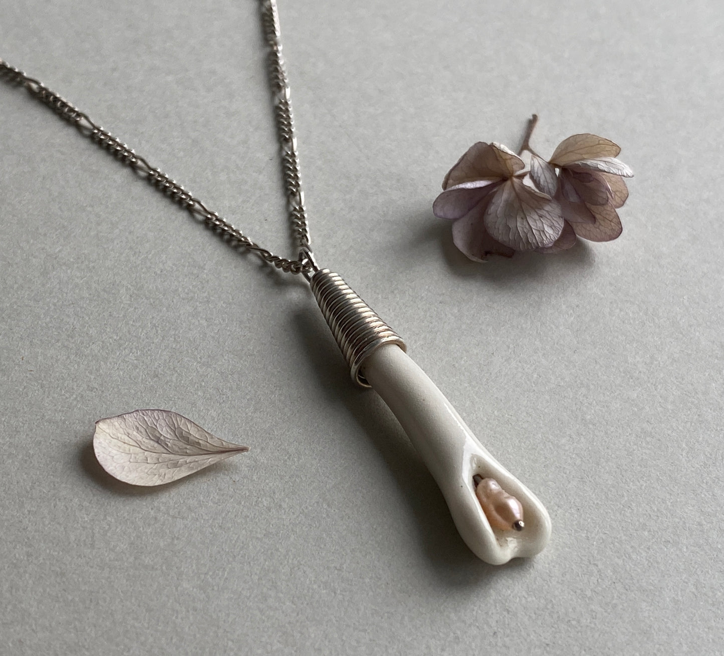 Handmade Porcelain Pendant Necklace with Blush Pink Pearl - Sterling Silver Wire Wrap