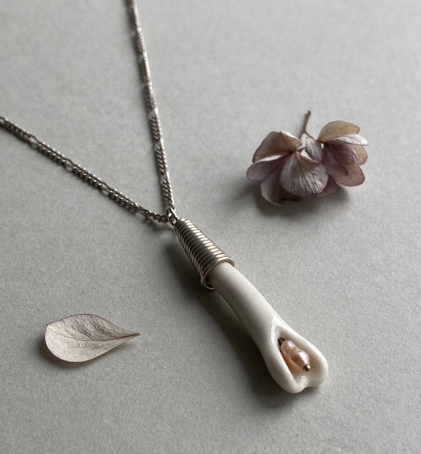 Handmade Porcelain Pendant Necklace with Blush Pink Pearl - Sterling Silver Wire Wrap