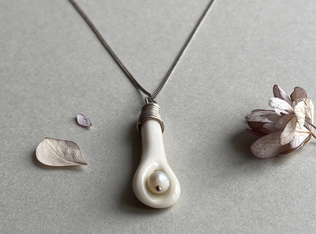 Handmade Porcelain Pendant Necklace with White Pearl - Sterling Silver Wire Wrap