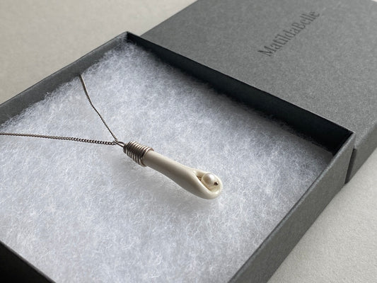 Handmade Porcelain Pendant Necklace with White Pearl - Sterling Silver Wire Wrap