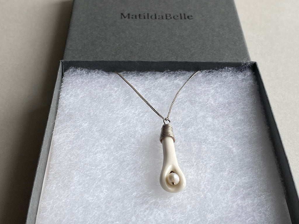 Handmade Porcelain Pendant Necklace with White Pearl - Sterling Silver Wire Wrap