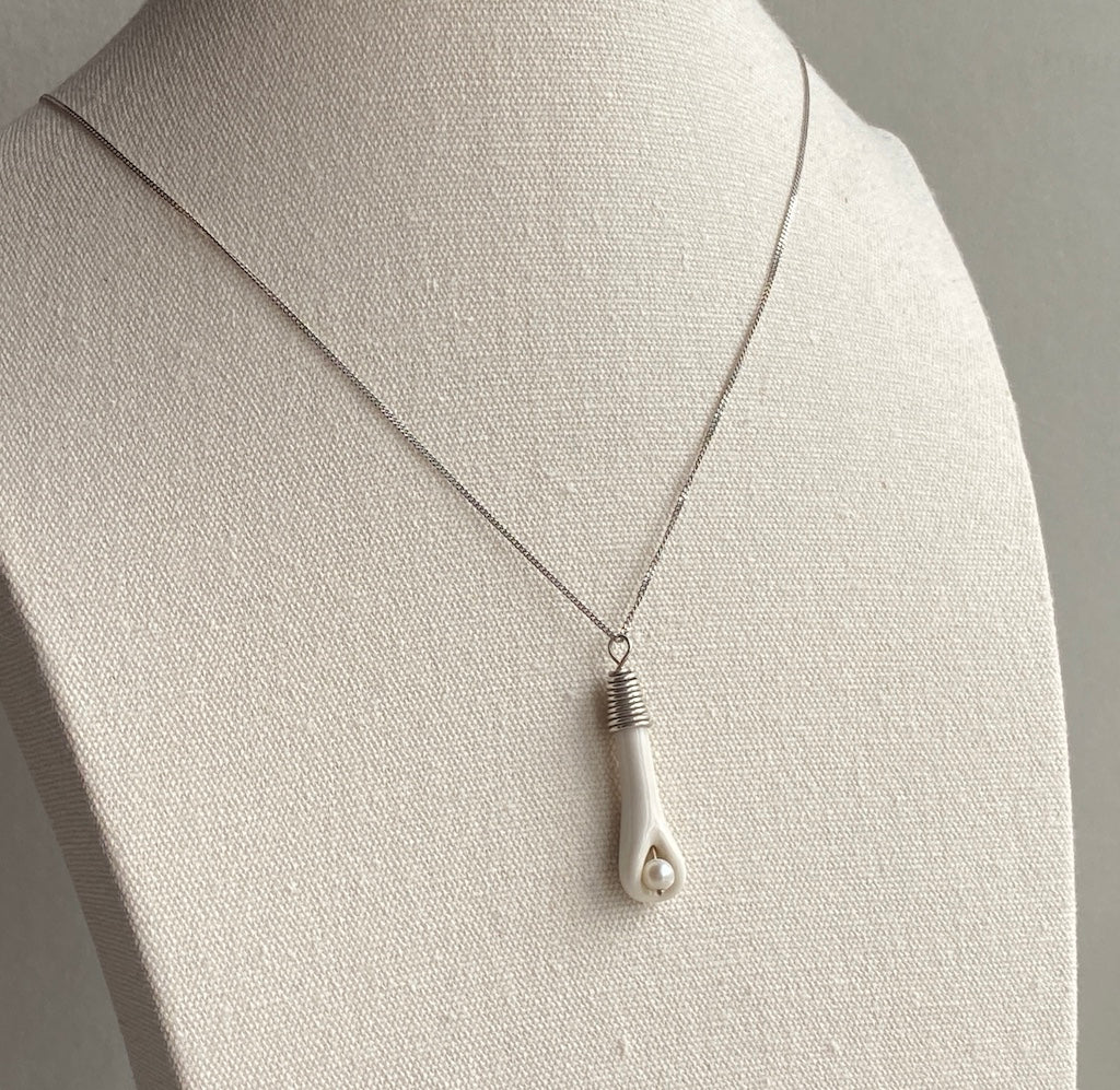 Handmade Porcelain Pendant Necklace with White Pearl - Sterling Silver Wire Wrap