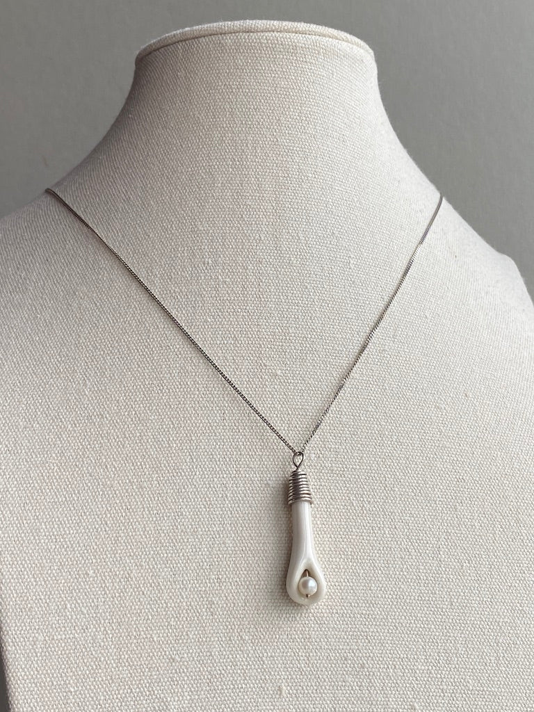Handmade Porcelain Pendant Necklace with White Pearl - Sterling Silver Wire Wrap