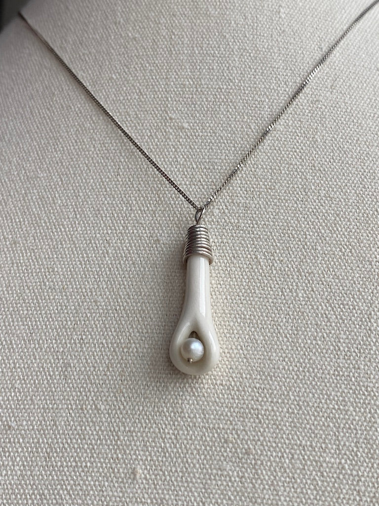 Handmade Porcelain Pendant Necklace with White Pearl - Sterling Silver Wire Wrap
