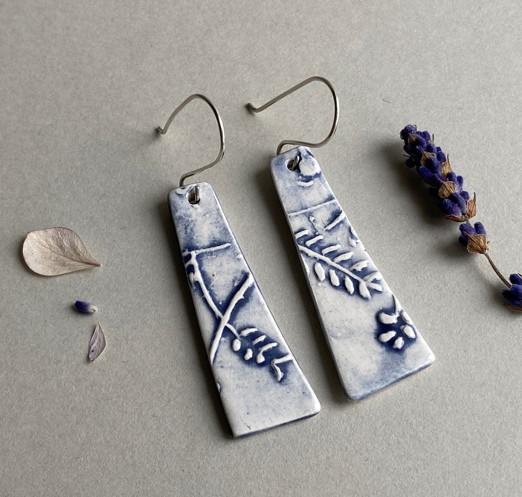 Ceramic Botanical Dangle Earrings - Glossy Navy Blue Glaze - Handmade Recycled Silver Wires