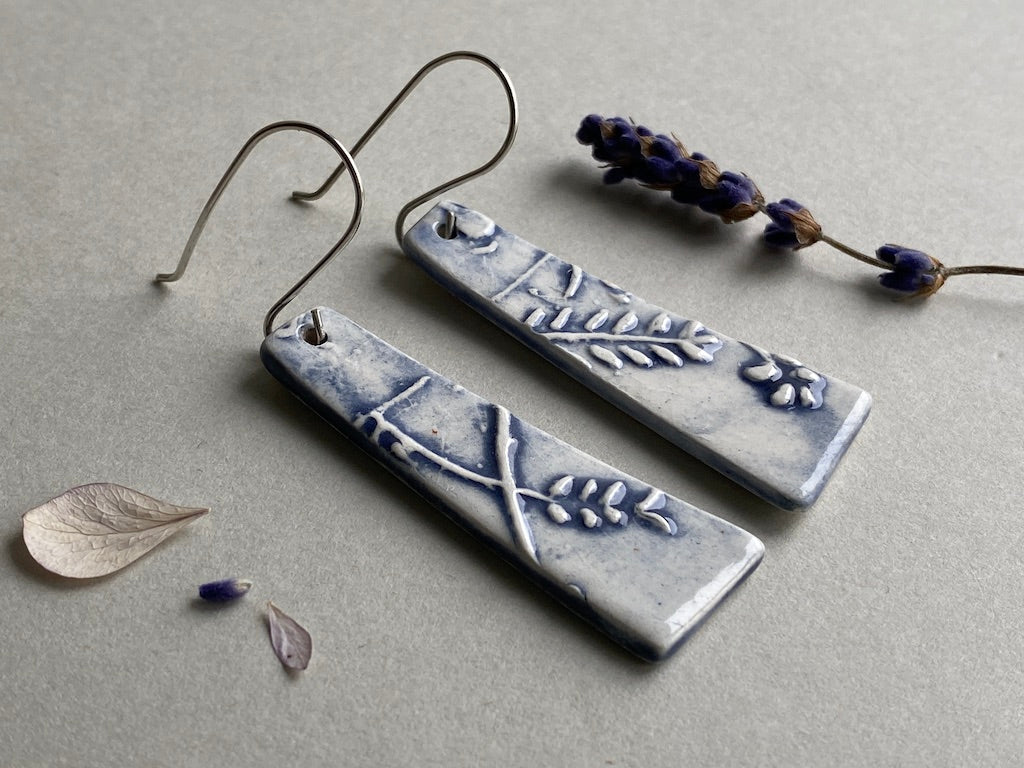 Ceramic Botanical Dangle Earrings - Glossy Navy Blue Glaze - Handmade Recycled Silver Wires
