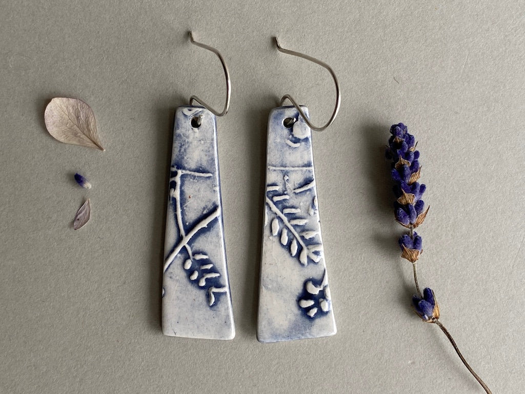 Ceramic Botanical Dangle Earrings - Glossy Navy Blue Glaze - Handmade Recycled Silver Wires