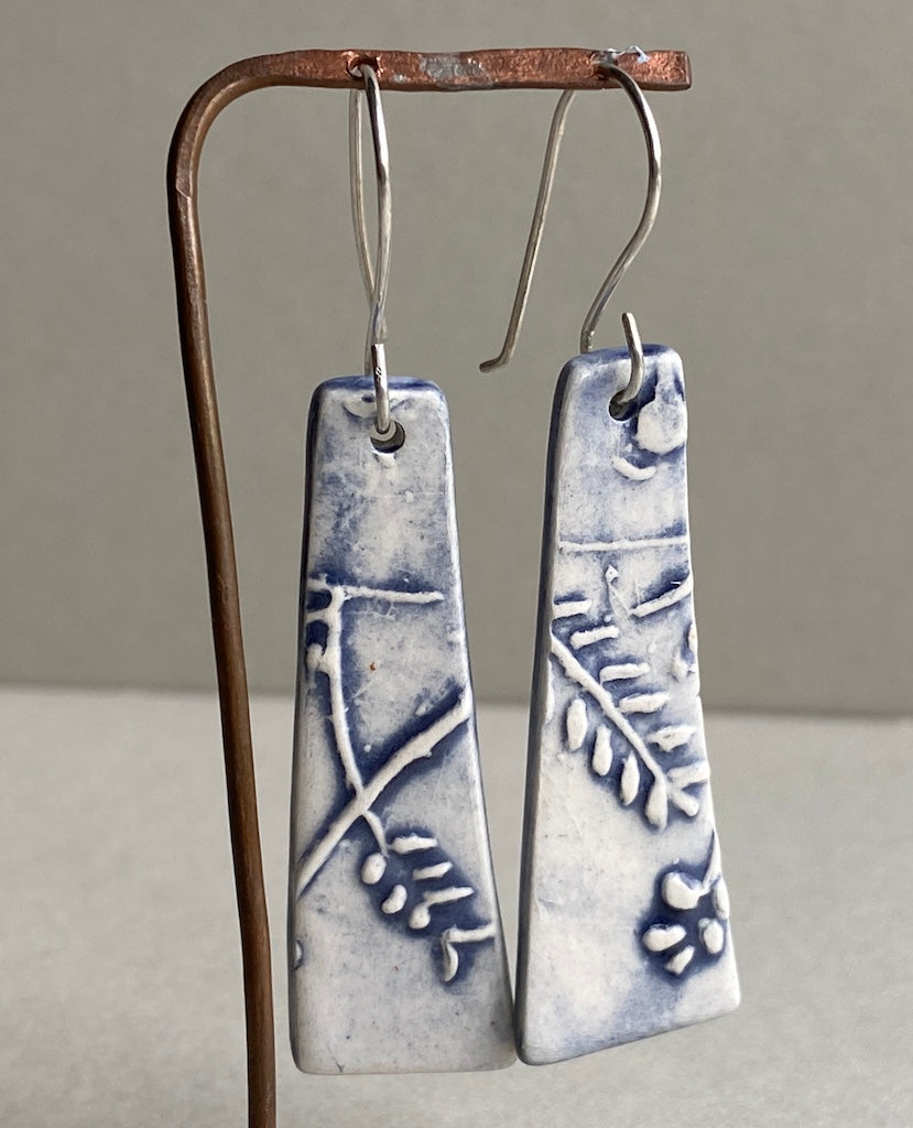 Ceramic Botanical Dangle Earrings - Glossy Navy Blue Glaze - Handmade Recycled Silver Wires