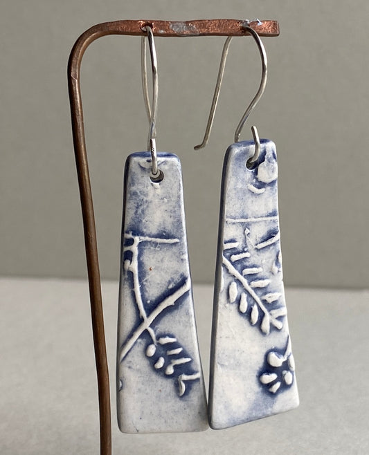 Ceramic Botanical Dangle Earrings - Glossy Navy Blue Glaze - Handmade Recycled Silver Wires