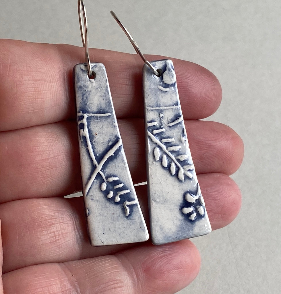 Ceramic Botanical Dangle Earrings - Glossy Navy Blue Glaze - Handmade Recycled Silver Wires