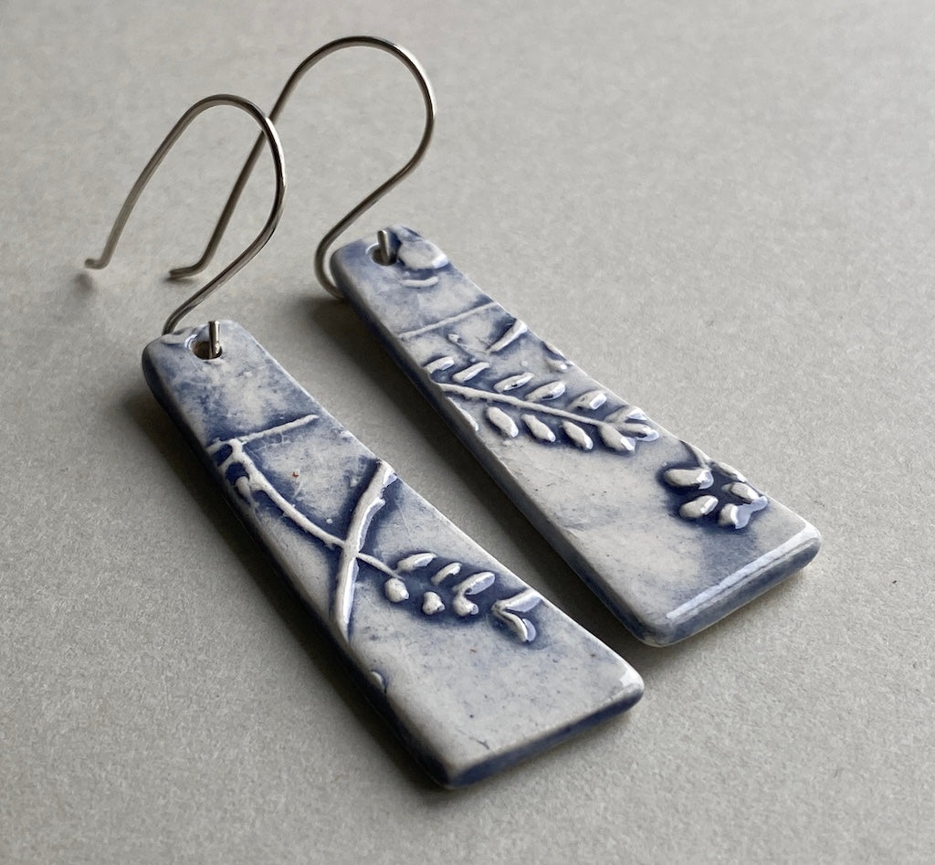 Ceramic Botanical Dangle Earrings - Glossy Navy Blue Glaze - Handmade Recycled Silver Wires