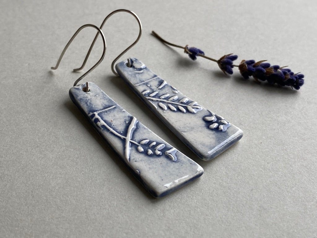 Ceramic Botanical Dangle Earrings - Glossy Navy Blue Glaze - Handmade Recycled Silver Wires