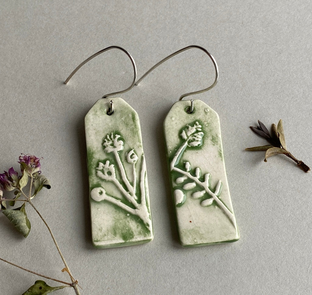 Ceramic Botanical Dangle Earrings - Forest Green Glaze - Handmade Recycled Silver Wires
