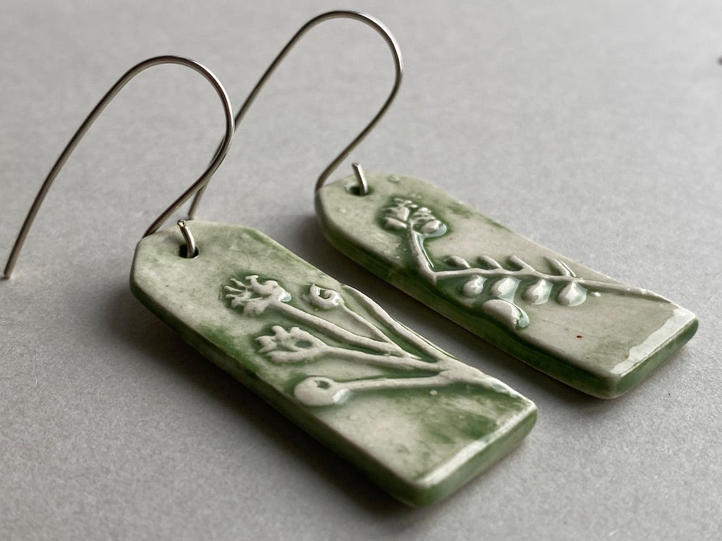 Ceramic Botanical Dangle Earrings - Forest Green Glaze - Handmade Recycled Silver Wires