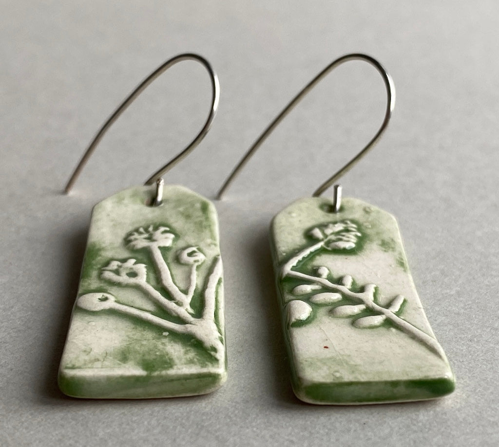 Ceramic Botanical Dangle Earrings - Forest Green Glaze - Handmade Recycled Silver Wires