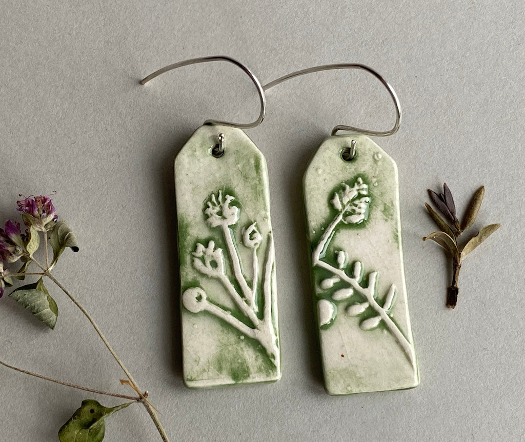 Ceramic Botanical Dangle Earrings - Forest Green Glaze - Handmade Recycled Silver Wires