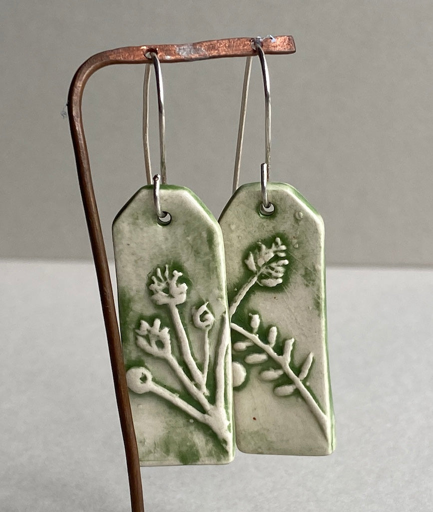 Ceramic Botanical Dangle Earrings - Forest Green Glaze - Handmade Recycled Silver Wires