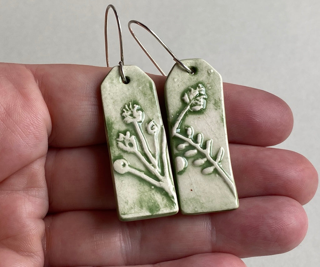 Ceramic Botanical Dangle Earrings - Forest Green Glaze - Handmade Recycled Silver Wires