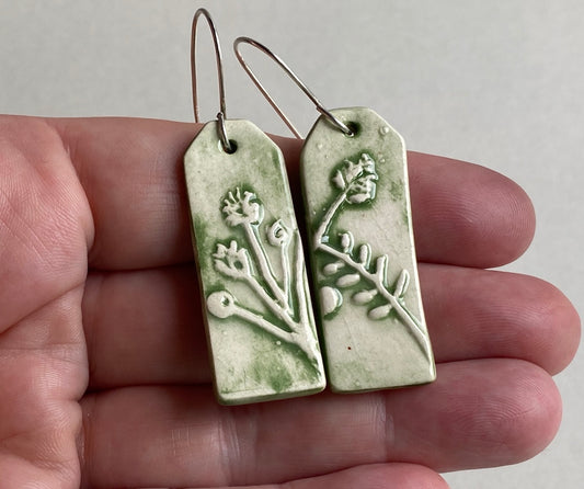 Ceramic Botanical Dangle Earrings - Forest Green Glaze - Handmade Recycled Silver Wires