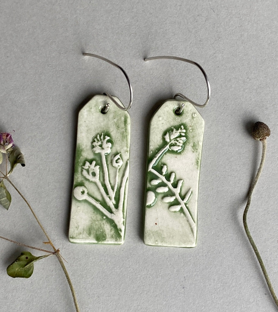 Ceramic Botanical Dangle Earrings - Forest Green Glaze - Handmade Recycled Silver Wires
