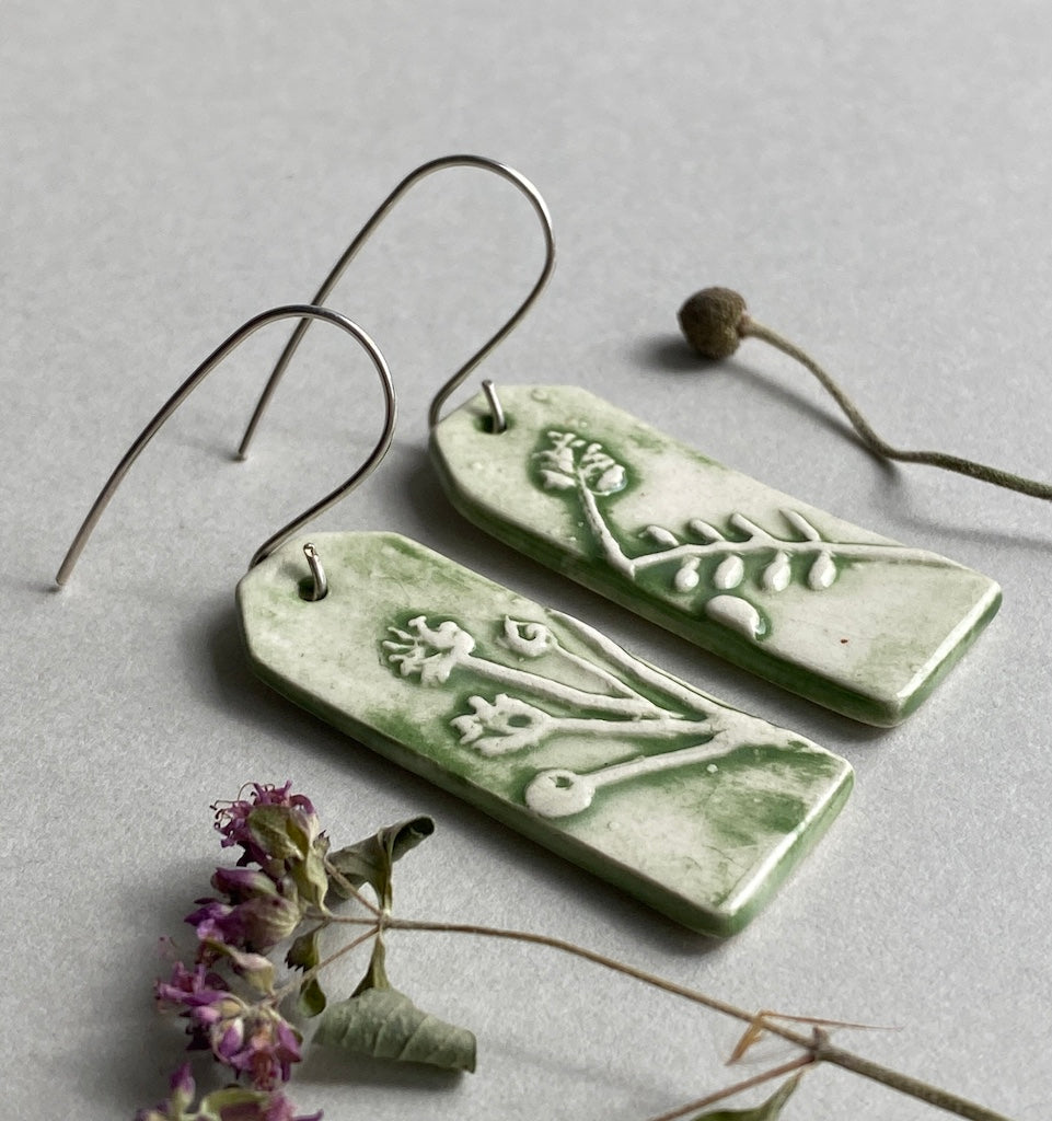 Ceramic Botanical Dangle Earrings - Forest Green Glaze - Handmade Recycled Silver Wires