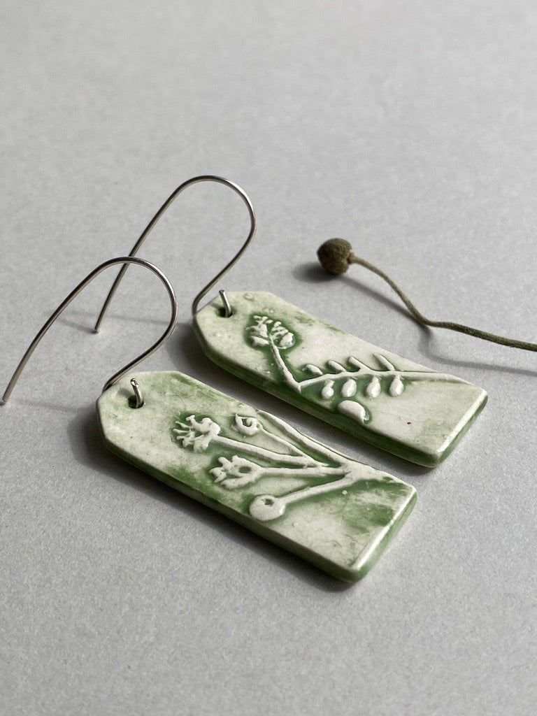 Ceramic Botanical Dangle Earrings - Forest Green Glaze - Handmade Recycled Silver Wires