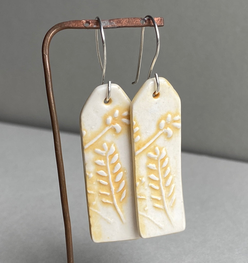 Ceramic Botanical Dangle Earrings - Yellow Glaze - Handmade Recycled Silver Wires