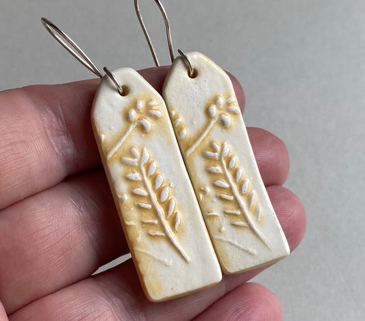 Ceramic Botanical Dangle Earrings - Yellow Glaze - Handmade Recycled Silver Wires