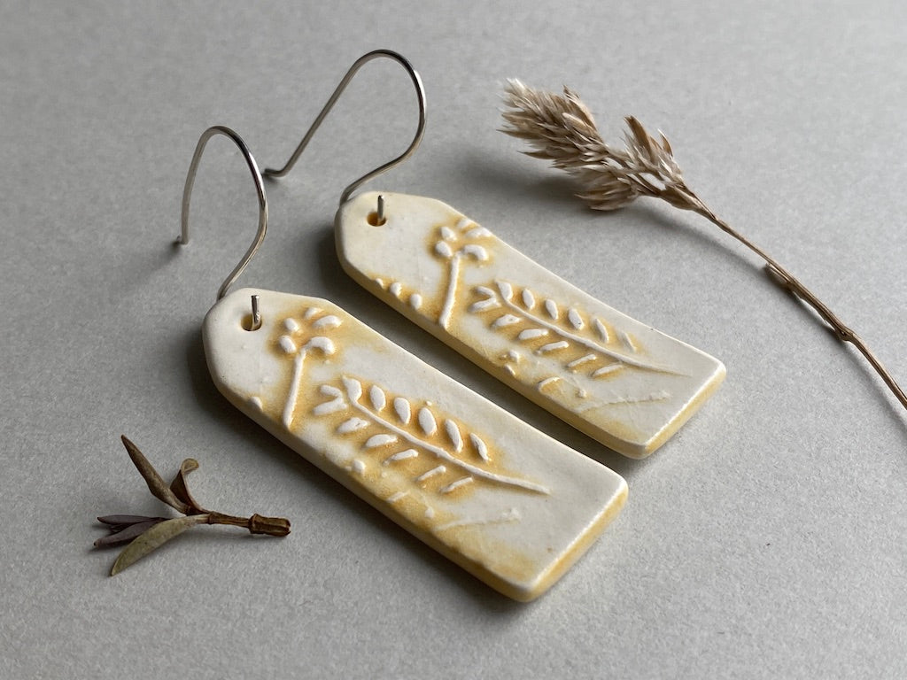 Ceramic Botanical Dangle Earrings - Yellow Glaze - Handmade Recycled Silver Wires