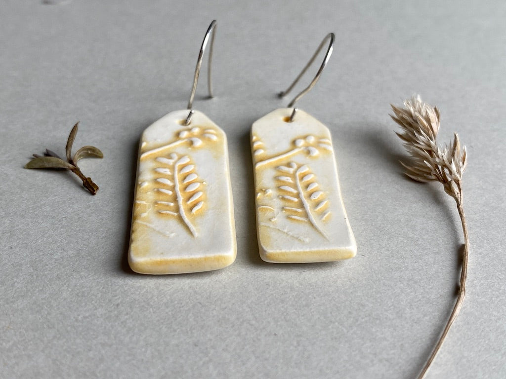 Ceramic Botanical Dangle Earrings - Yellow Glaze - Handmade Recycled Silver Wires