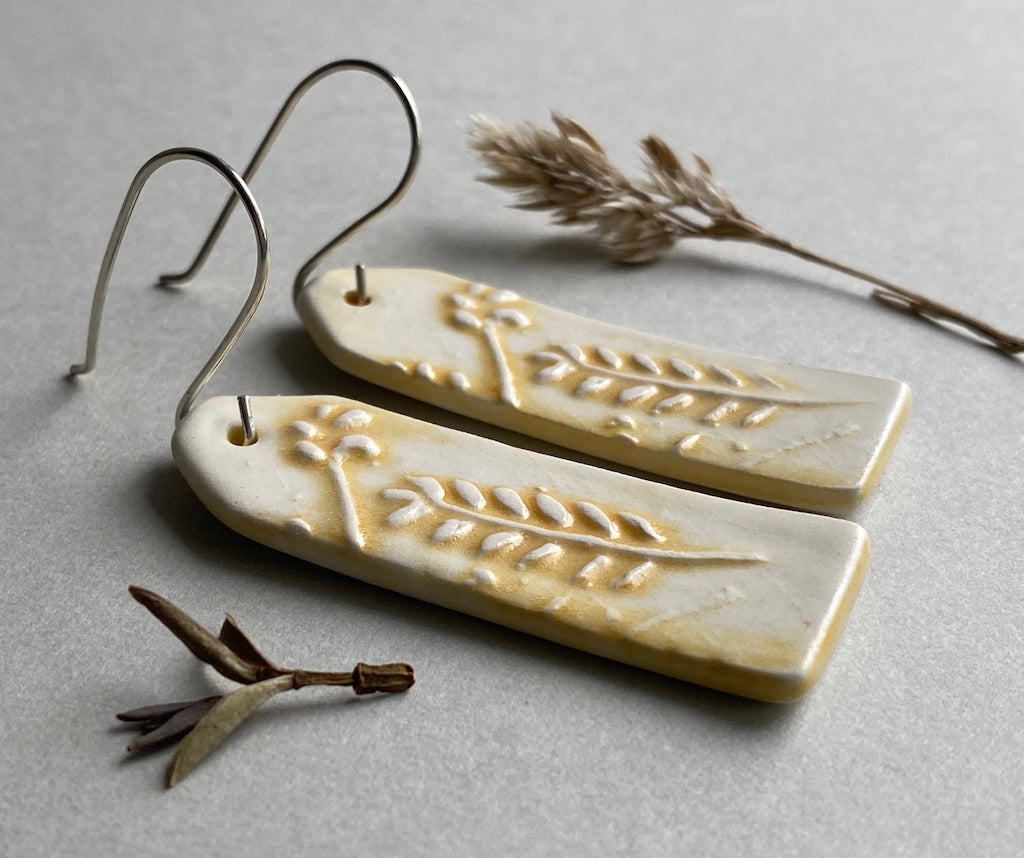 Ceramic Botanical Dangle Earrings - Yellow Glaze - Handmade Recycled Silver Wires