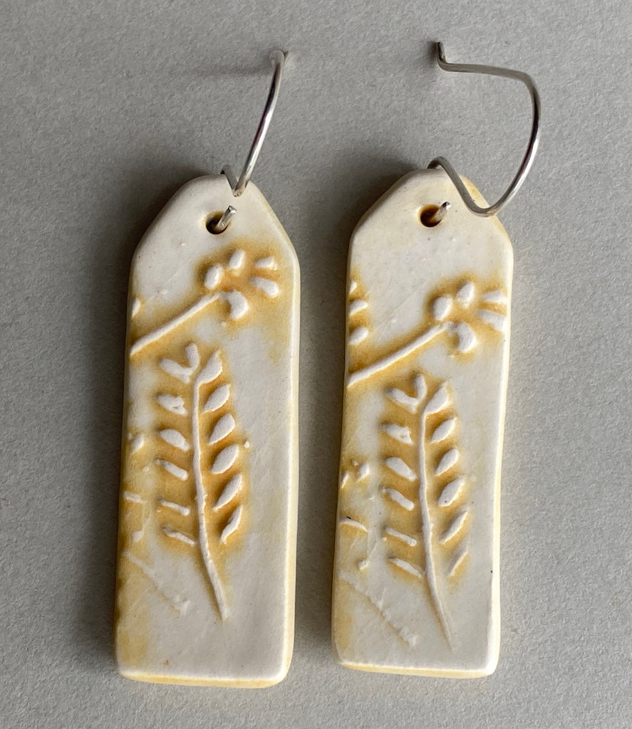 Ceramic Botanical Dangle Earrings - Yellow Glaze - Handmade Recycled Silver Wires