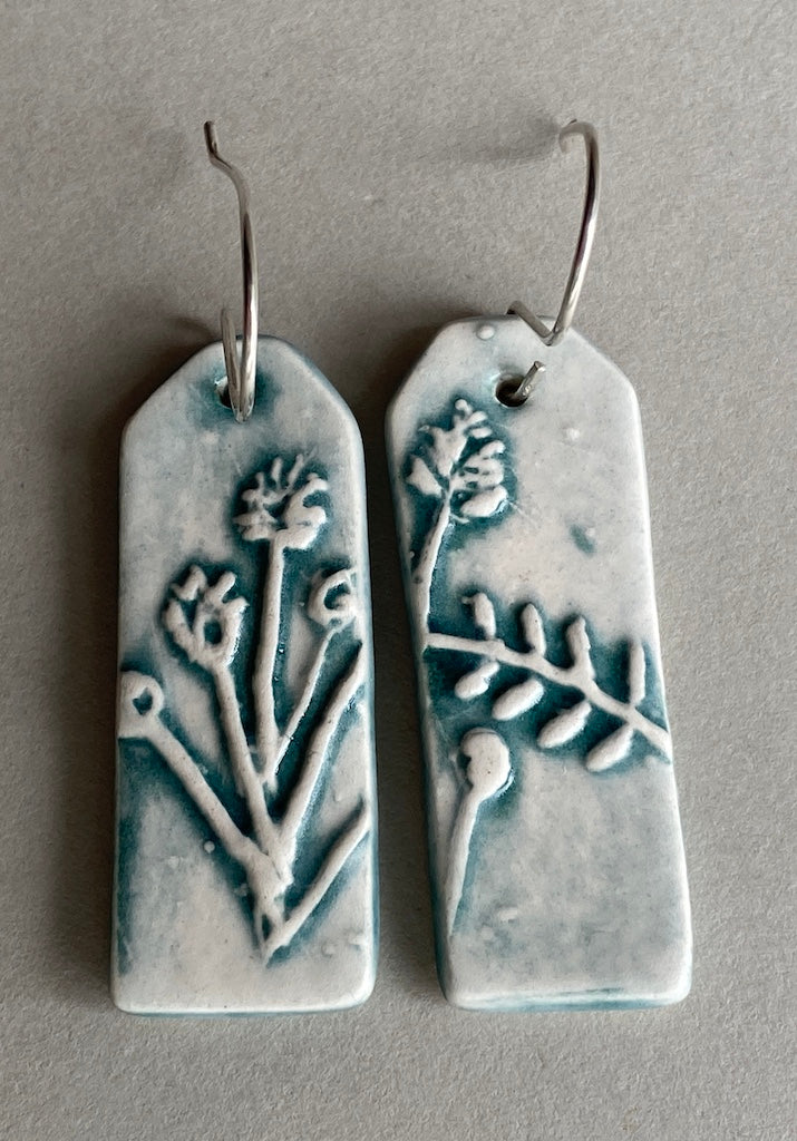 Ceramic Botanical Dangle Earrings - Sea Green Glaze - Handmade Recycled Silver Wires
