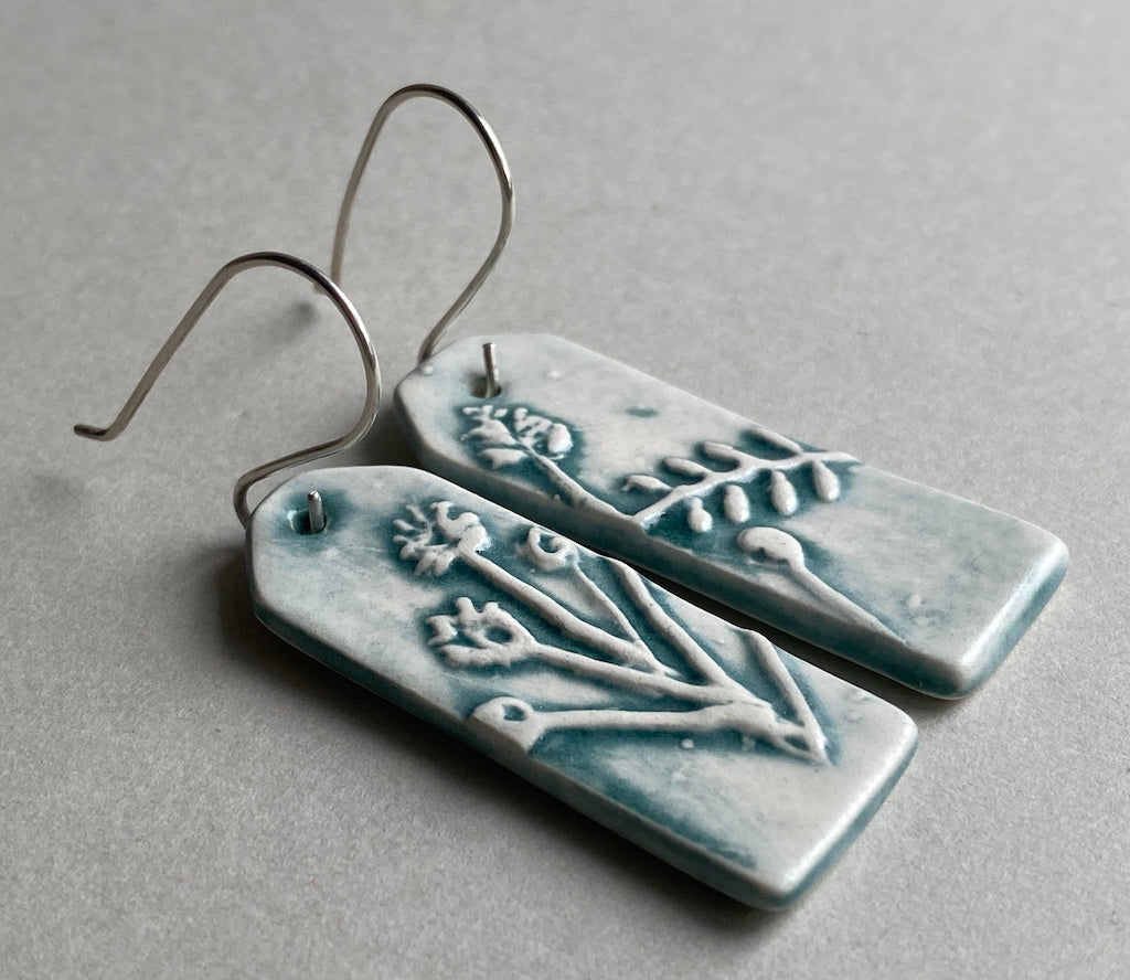 Ceramic Botanical Dangle Earrings - Sea Green Glaze - Handmade Recycled Silver Wires