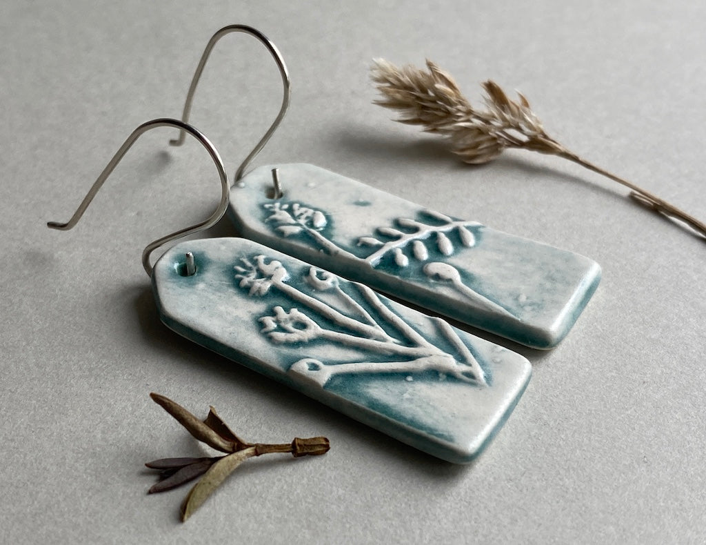 Ceramic Botanical Dangle Earrings - Sea Green Glaze - Handmade Recycled Silver Wires